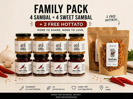 Family Pack — 4 Sambal + 4 Sweet Sambal (1.5oz each) + 2 FREE Hottato